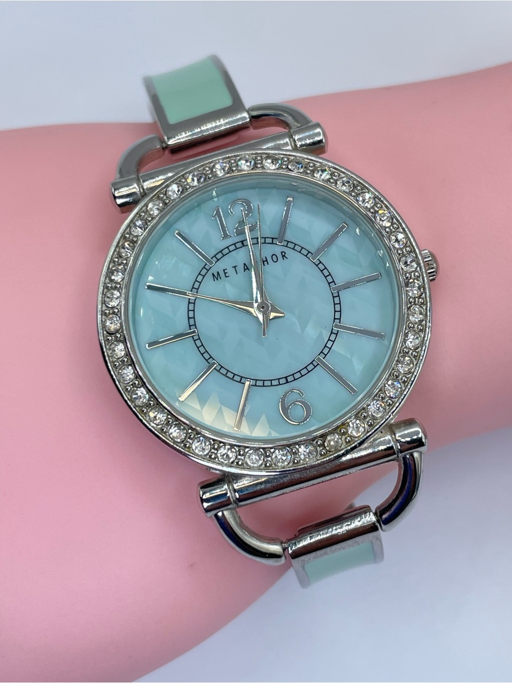 Metaphor Mint Green Crystal Watch Silver Tone Rhinestone Fresh Battery